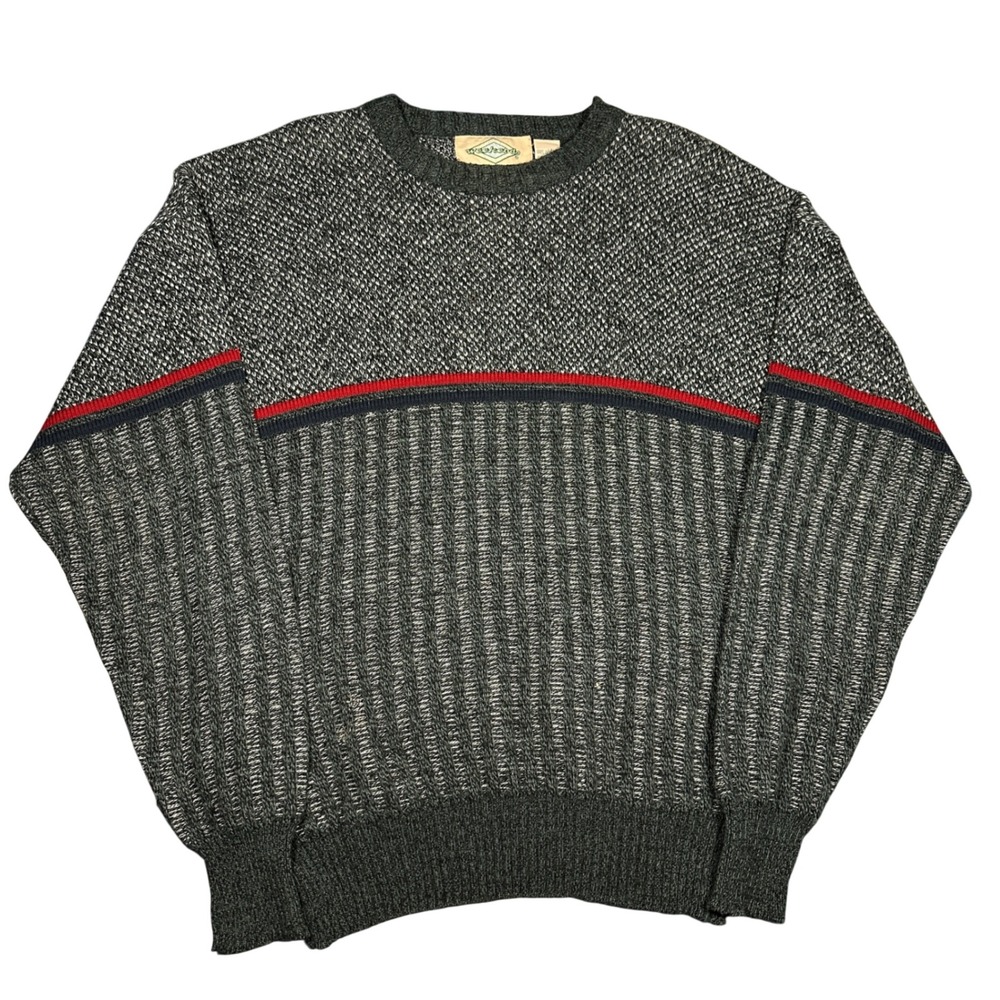 Vintage Weekends Mens Medium Gray Knit Sweater Red Stripe Made in USA Acrylic
